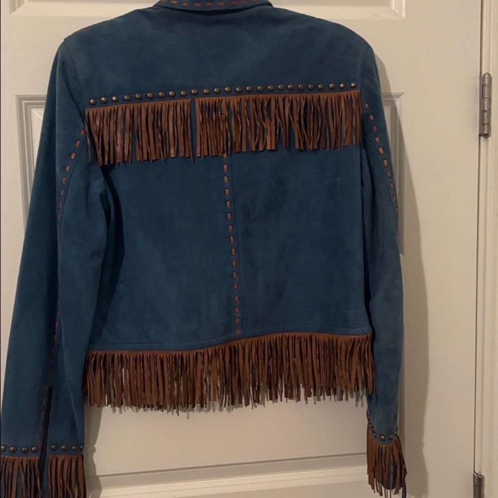 Double D Ranch blue leather brown fringe jacket studded front zip RTL $995 M NWT - Picture 2 of 5